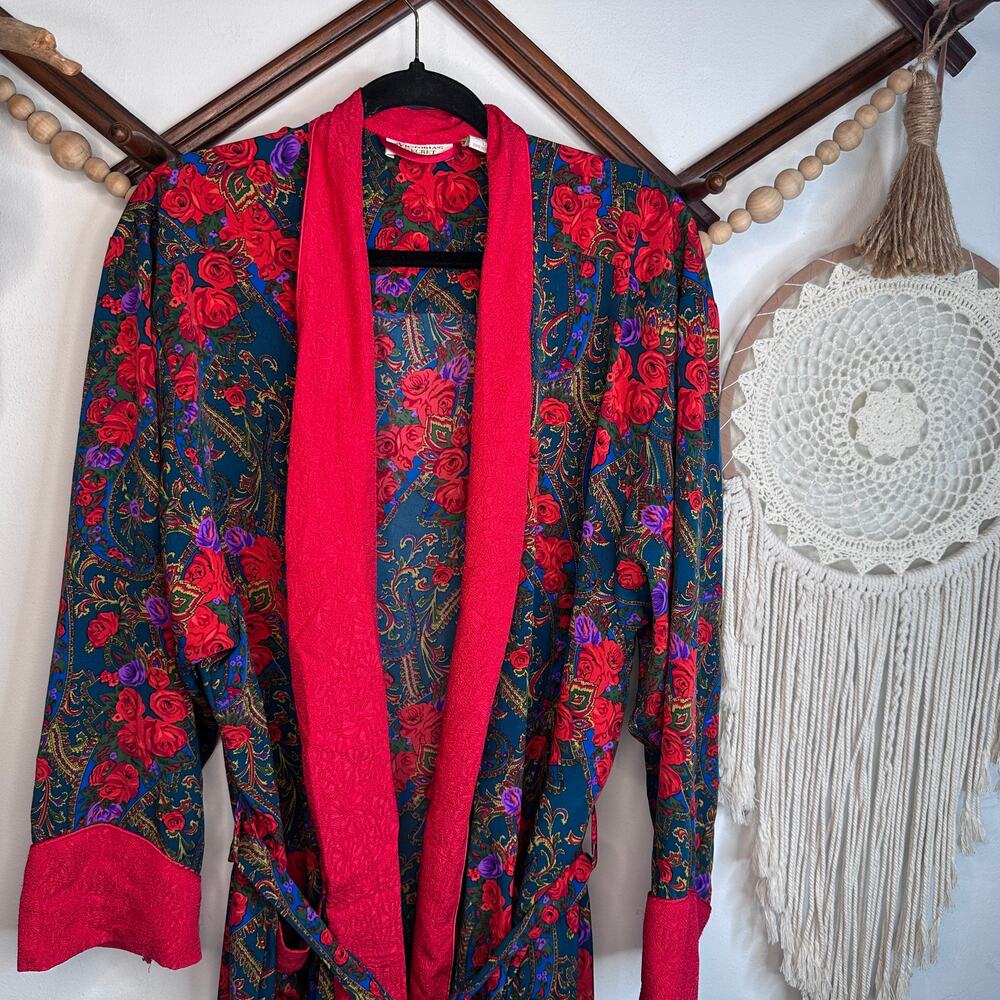 Vintage Victoria's Secret Gold Label Red Rose Floral Satin Robe